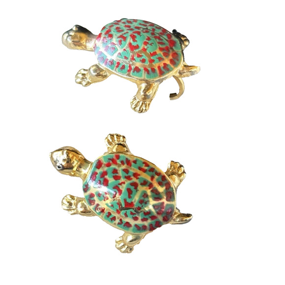Lovely Vintage Green & Red Enamel Turtle Screw-back Earrings Gold-tone - Picture 2 of 16